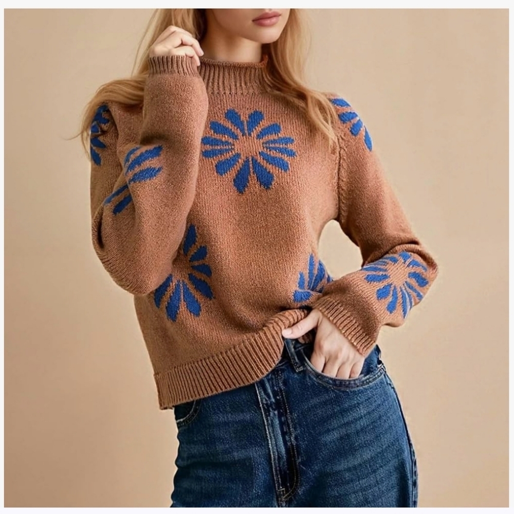 Floral Patterned Brown With Blue Flower Sweater Size XL - Picture 3 of 7